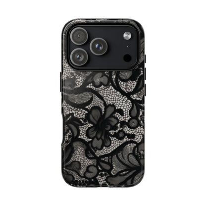 Étui iPhone résistant en dentelle florale noire