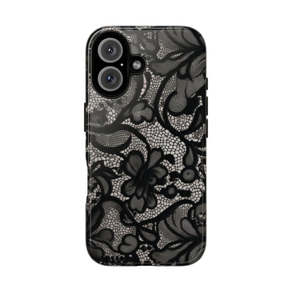 Étui iPhone résistant en dentelle florale noire